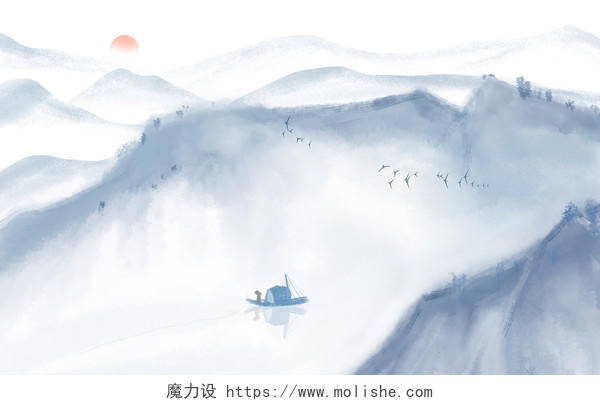 新中式中国风水墨山水意境山水船只意境远山插画